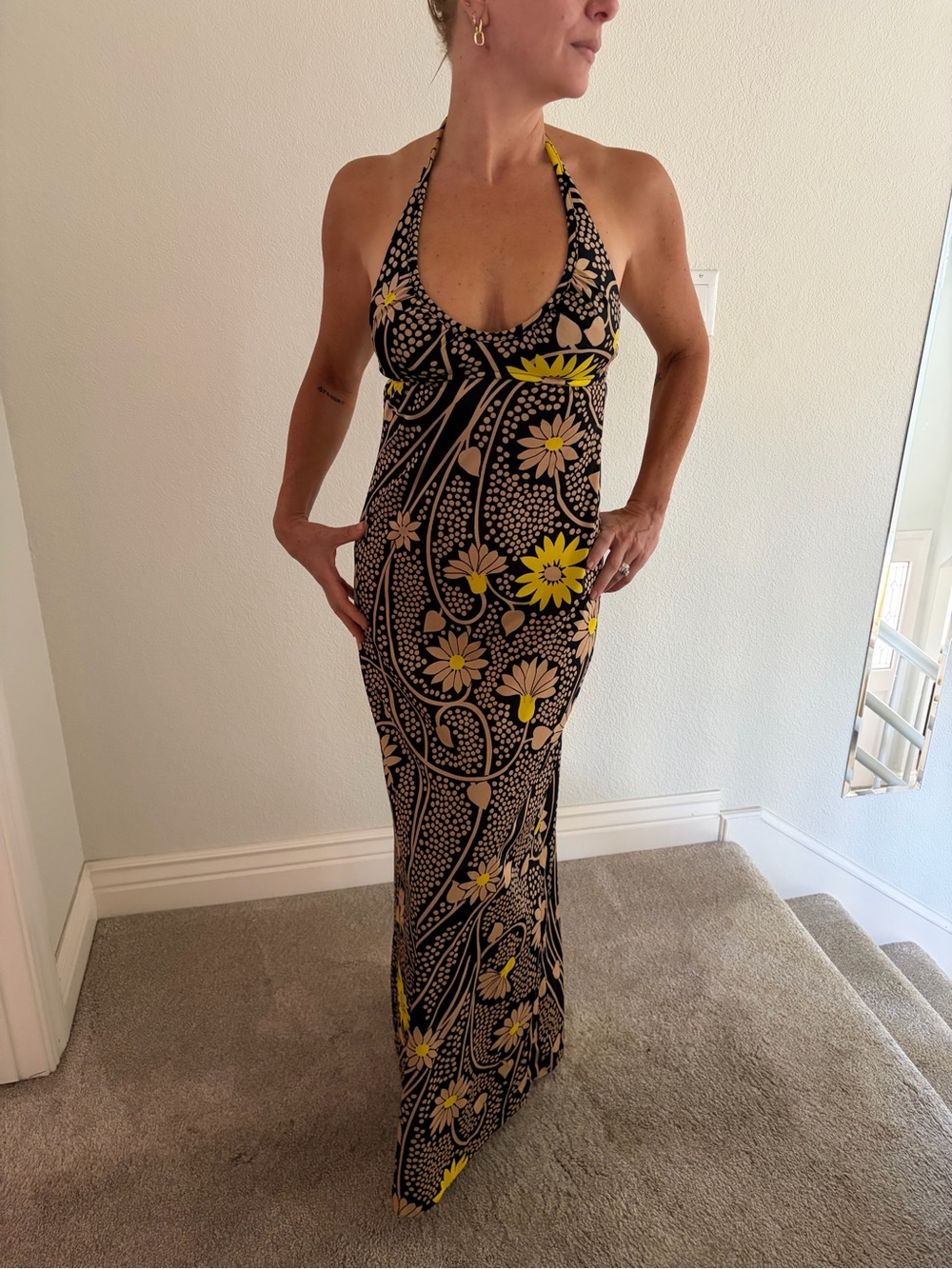 Jantzen Vintage 1970s Halter Maxi Dress Black Yellow Daisy Floral Modern Size XS